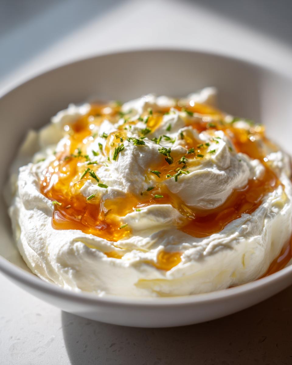 Close-up of a creamy, whipped ricotta dip drizzled with golden honey and sprinkled with chopped green herbs.