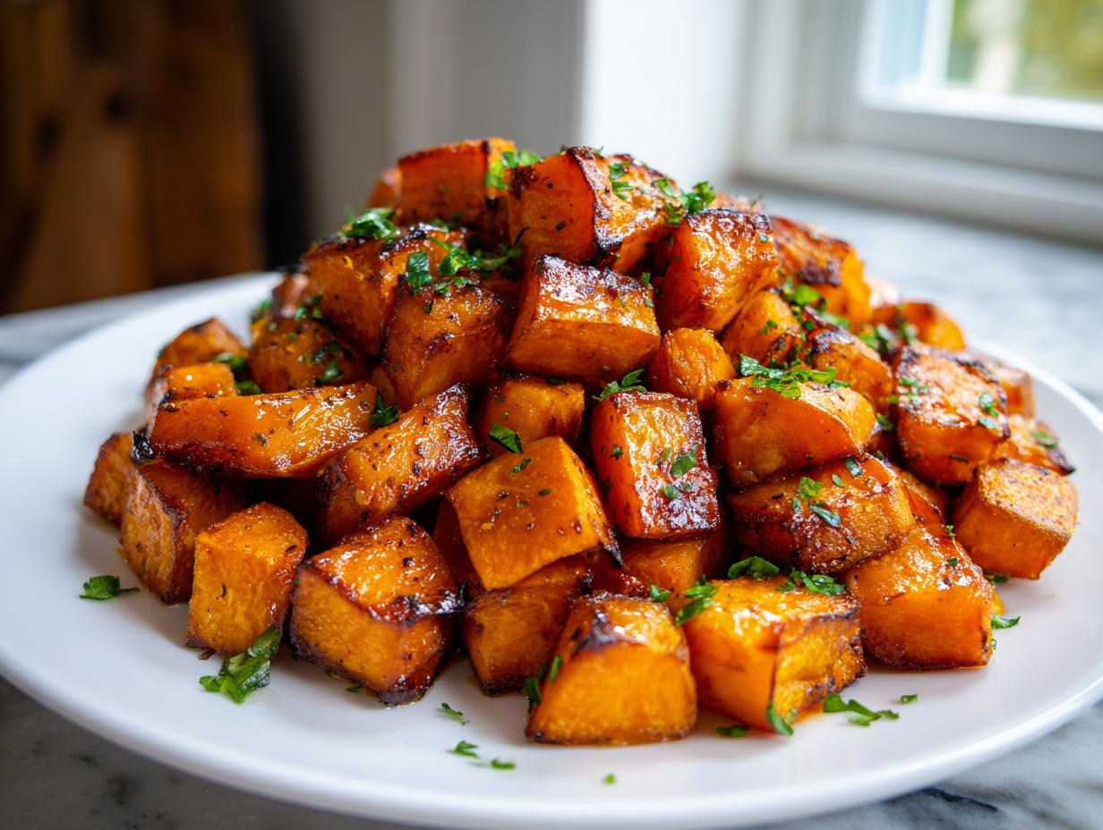 A mound of perfectly roasted and caramelized sweet potatoes cubes garnished with fresh parsley.