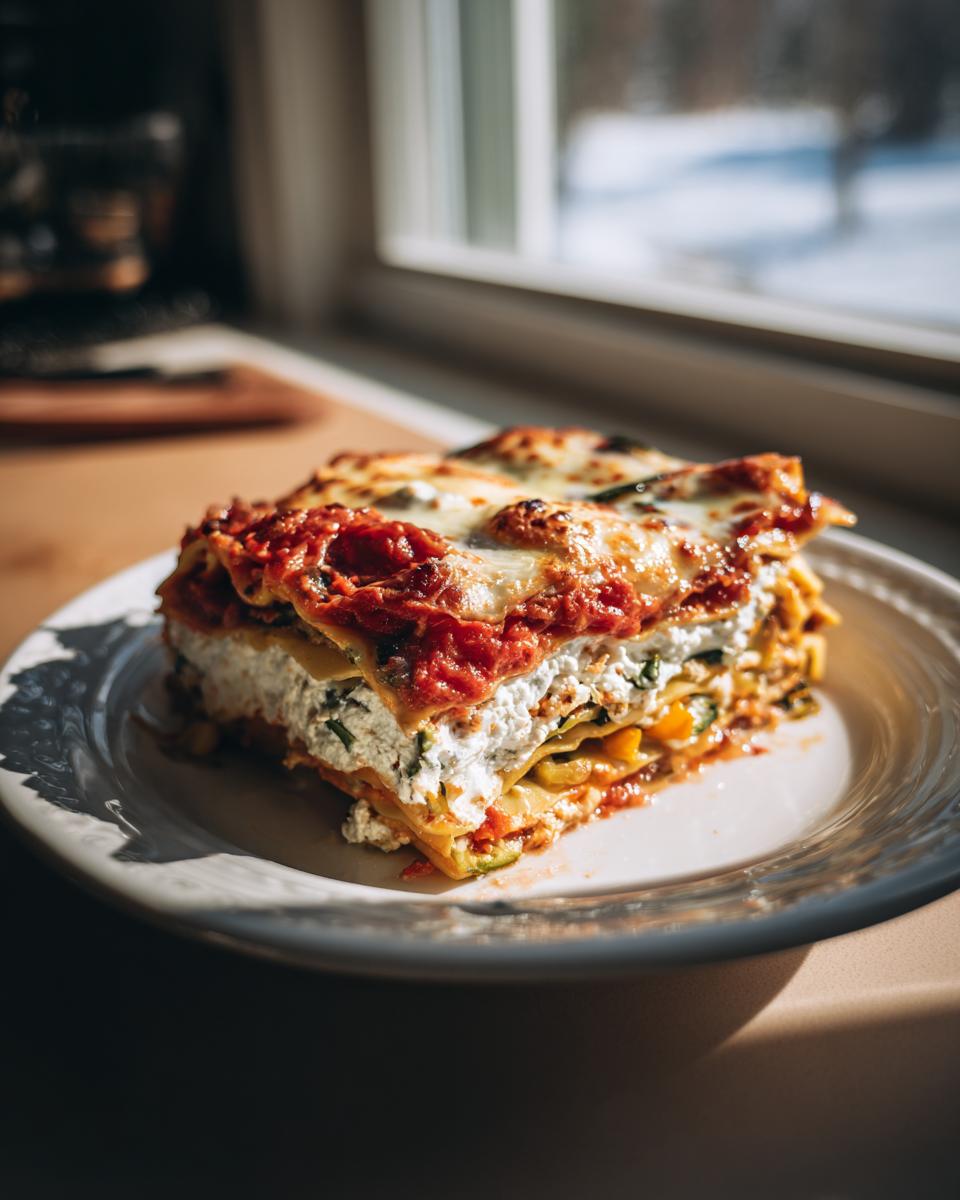 A thick slice of amazing roasted vegetable lasagna with layers of pasta, ricotta, and melted cheese, served on a white plate.