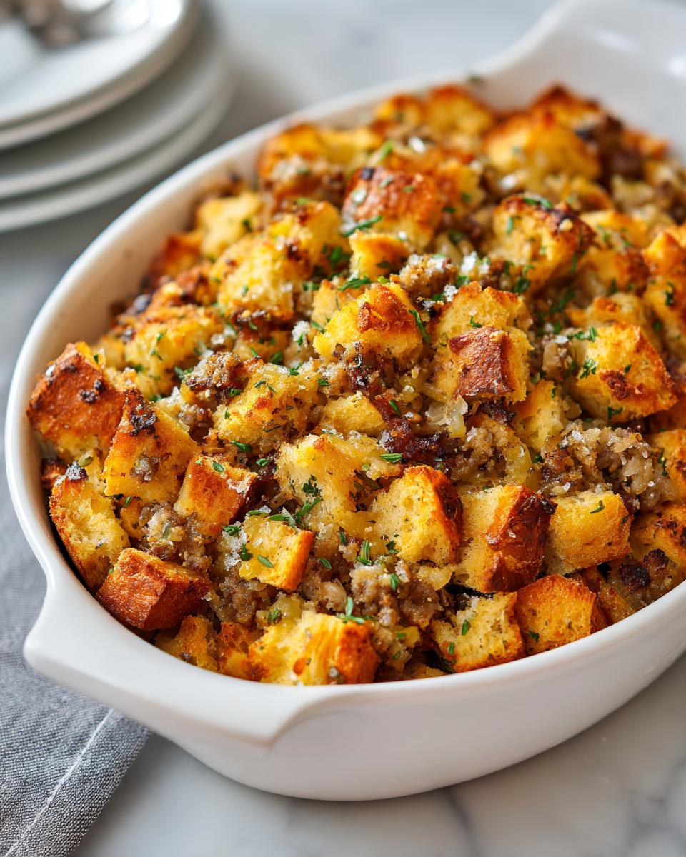 Close-up of baked sausage stuffing with golden bread cubes and herbs in a white oval dish.