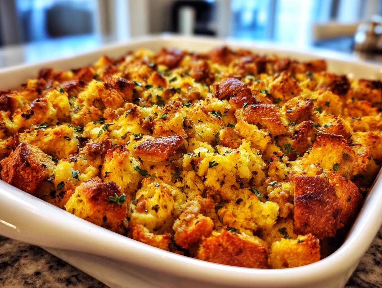 Close-up of baked sausage stuffing with crispy golden-brown bread cubes and green herbs in a white casserole dish.