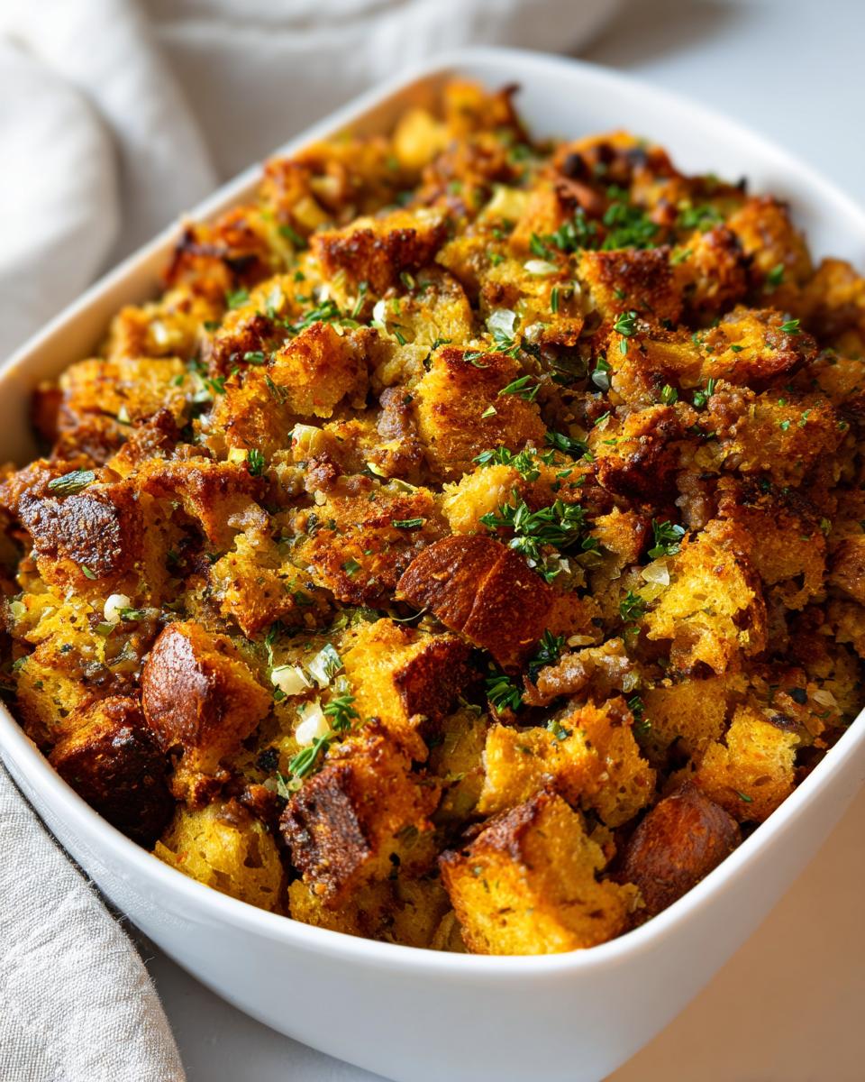 Close-up of golden brown sausage stuffing with crispy bread cubes and fresh parsley garnish in a white baking dish.