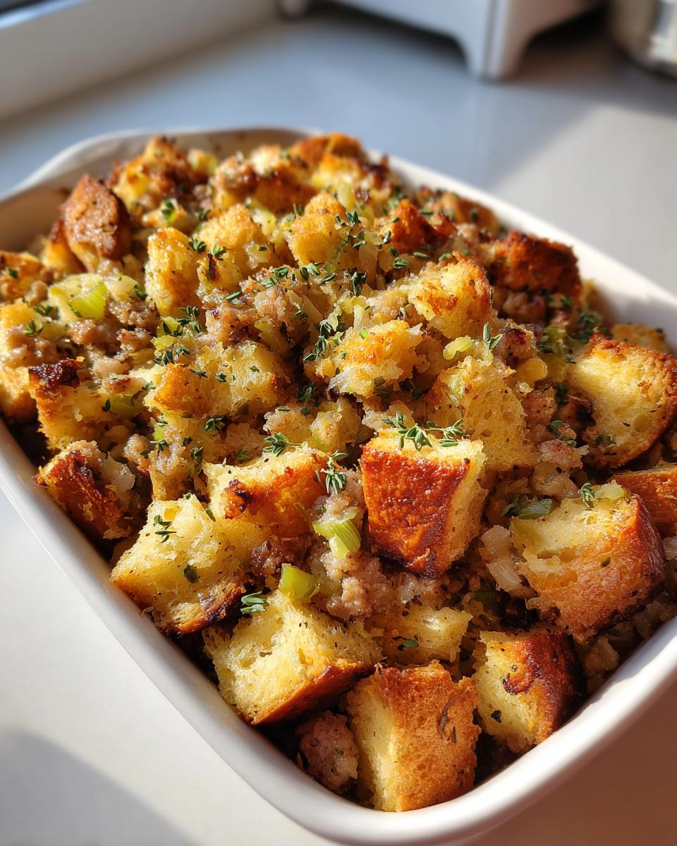 Close-up of baked sausage stuffing with golden bread cubes, sausage crumbles, and fresh thyme garnish.
