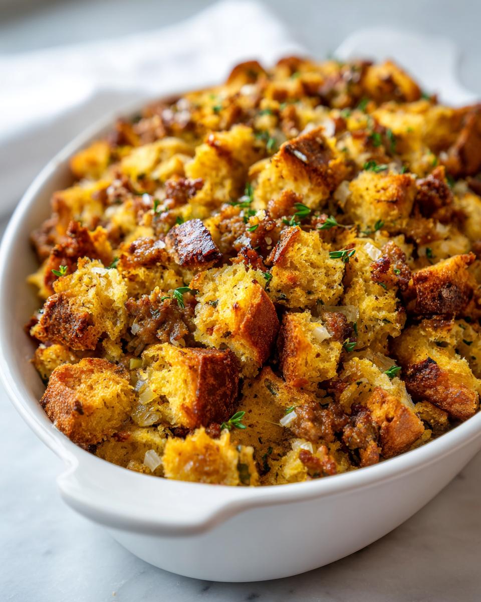 Close-up of amazing sausage stuffing with crispy bread cubes and herbs in a white oval baking dish.