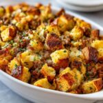 Close-up of golden brown bread cubes mixed with crumbled sausage in a white baking dish, showcasing the amazing sausage stuffing.