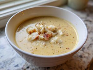 A close-up of a white bowl filled with creamy, rich she crab soup topped with chunks of crab meat.
