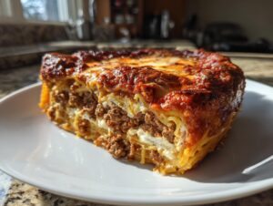 A thick, baked slice of spaghetti pie with layers of pasta, meat sauce, and cheese, served on a white plate.