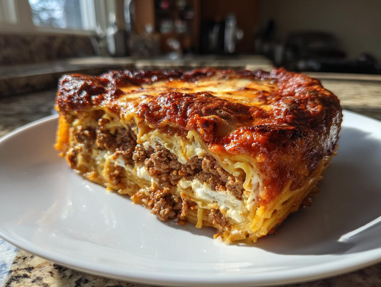 A thick, baked slice of spaghetti pie with layers of pasta, meat sauce, and cheese, served on a white plate.
