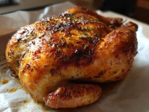 A whole, beautifully roasted spatchcock chicken with crispy, golden-brown skin seasoned with herbs.
