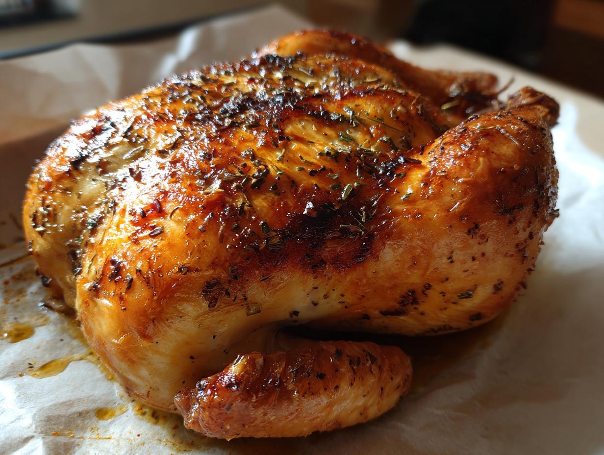 A whole, beautifully roasted spatchcock chicken with crispy, golden-brown skin seasoned with herbs.