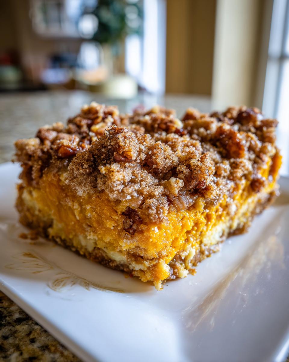 Close-up of a rich slice of sweet potato casserole featuring a bright orange filling and thick, crunchy pecan streusel topping.