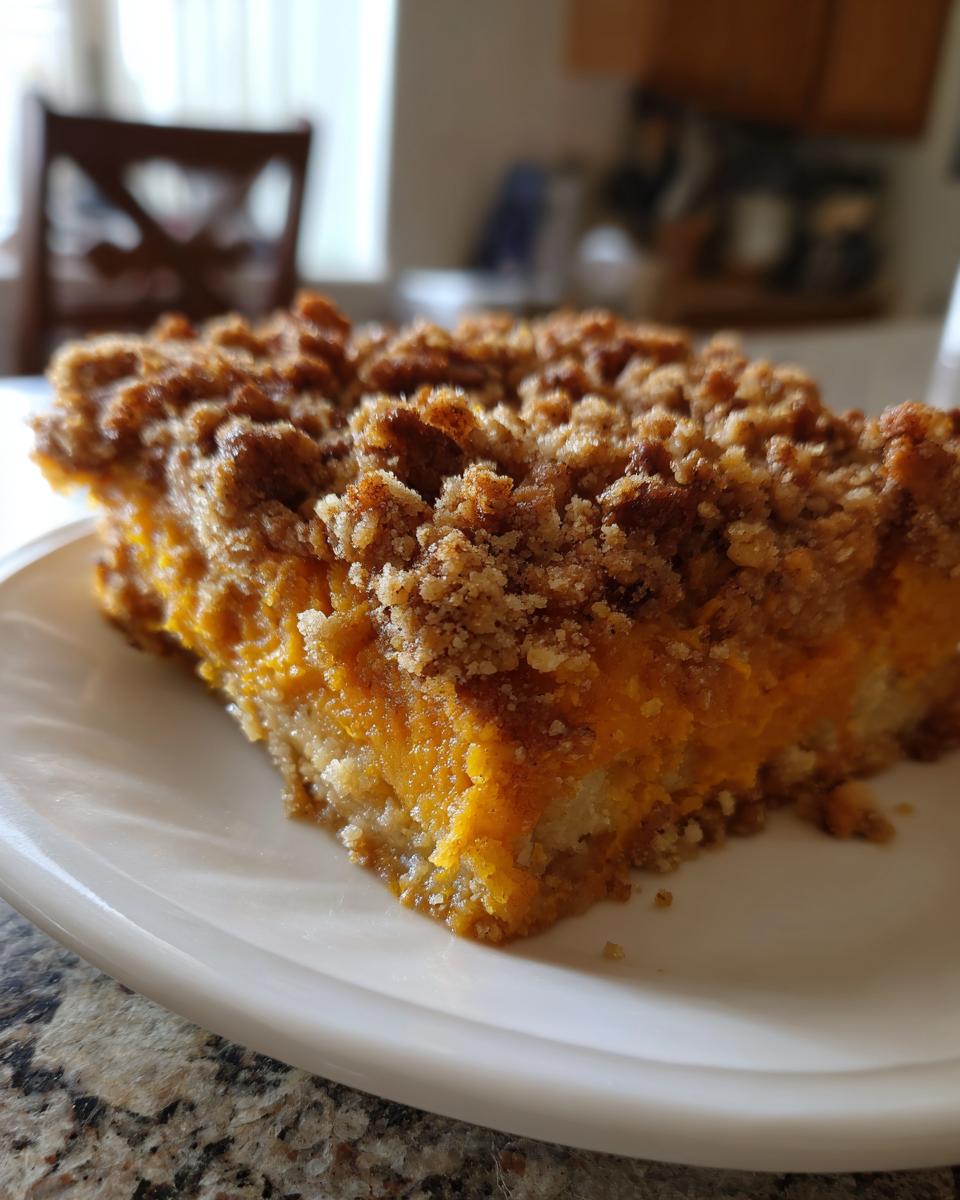 Close-up of a square slice of bright orange sweet potato casserole topped with a thick, brown, crunchy streusel topping.