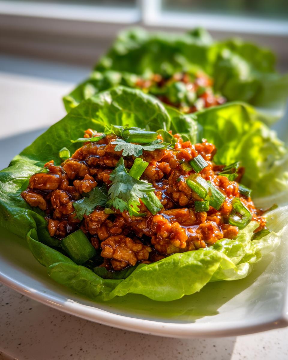 Close-up of saucy filling in fresh lettuce cups for thai chicken lettuce wraps, garnished with green onions.
