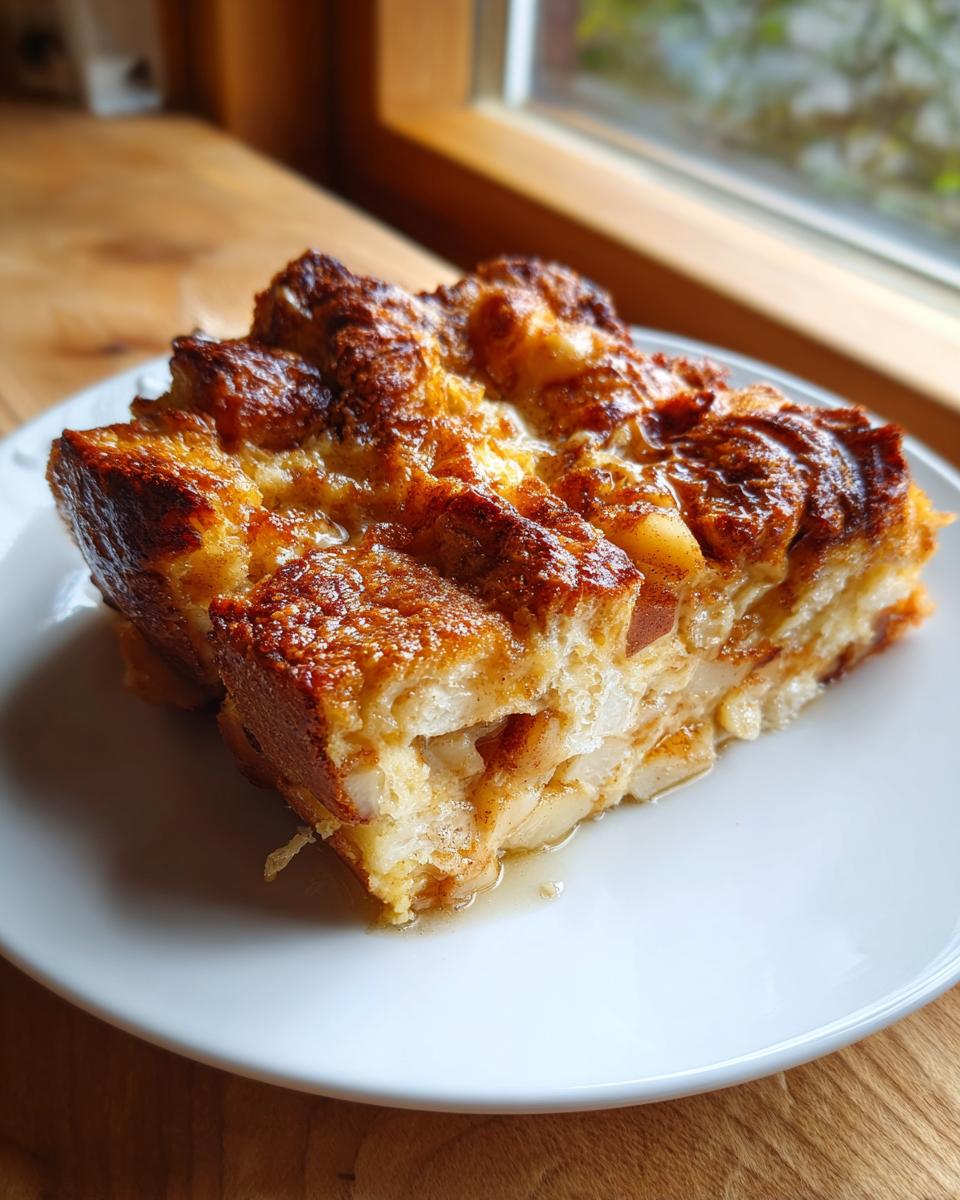 A thick slice of baked Apple Cinnamon French Toast casserole with caramelized top, served on a white plate.