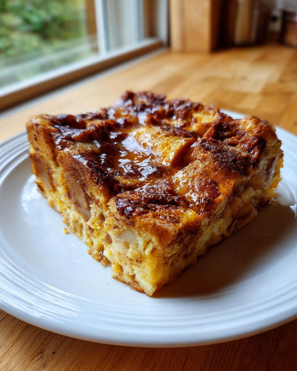 A square slice of baked Apple Cinnamon French Toast topped with glaze on a white plate.