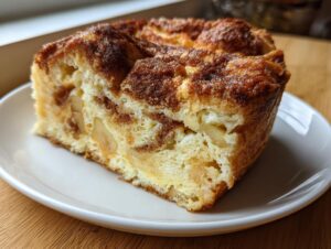 A thick, golden-brown slice of baked Apple Cinnamon French Toast with visible apple chunks on a white plate.
