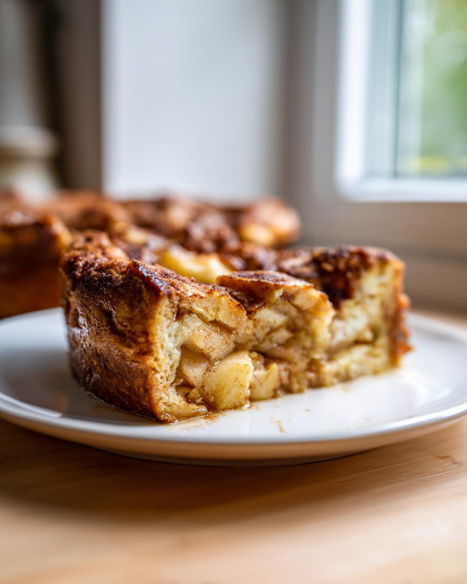 A thick slice of baked Apple Cinnamon French Toast filled with soft cooked apples, served on a white plate.