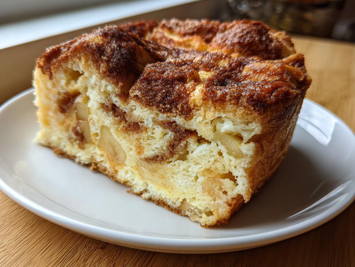 A thick, golden-brown slice of baked Apple Cinnamon French Toast with visible apple chunks on a white plate.