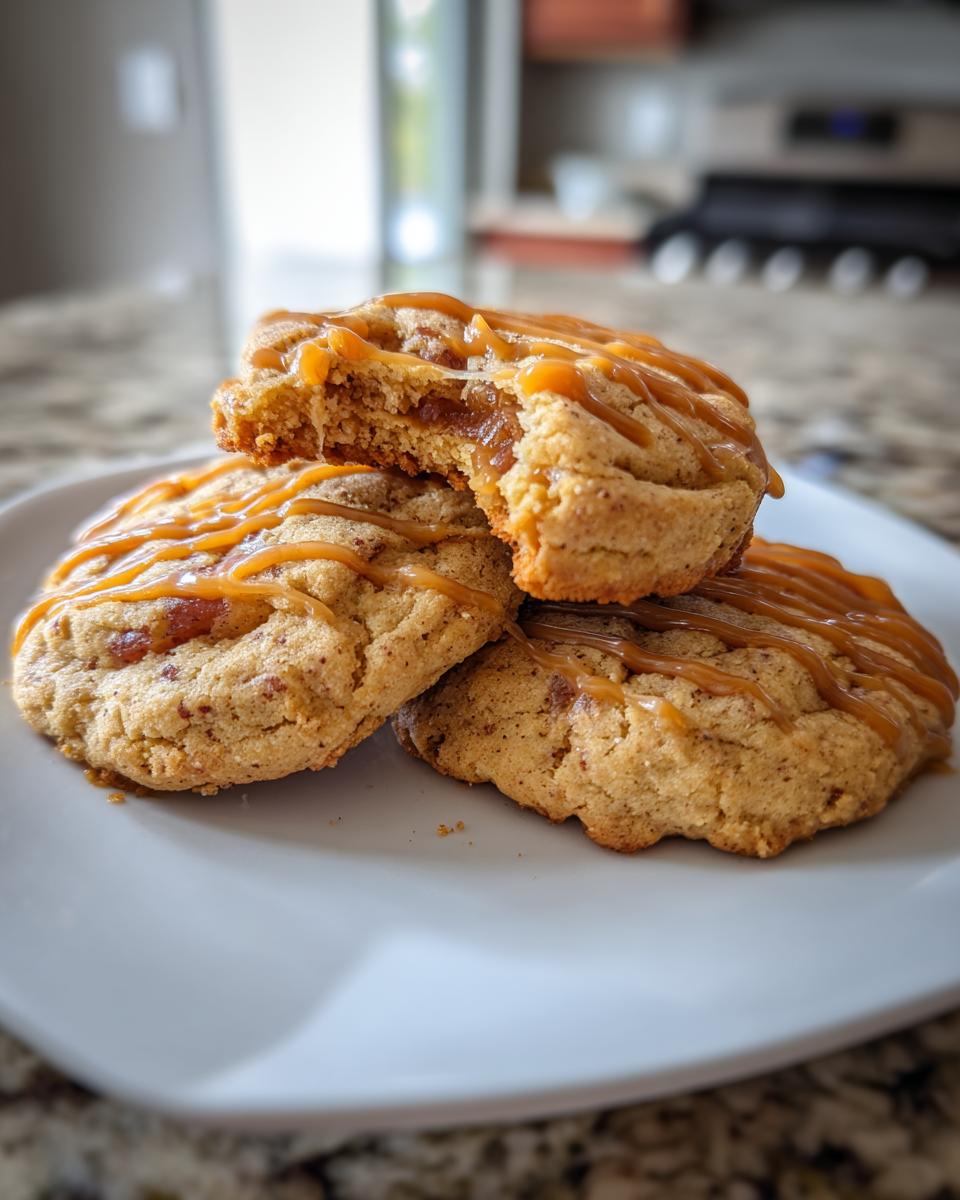 A stack of three thick apple pie cookies drizzled with caramel, one cookie broken open to show the filling.