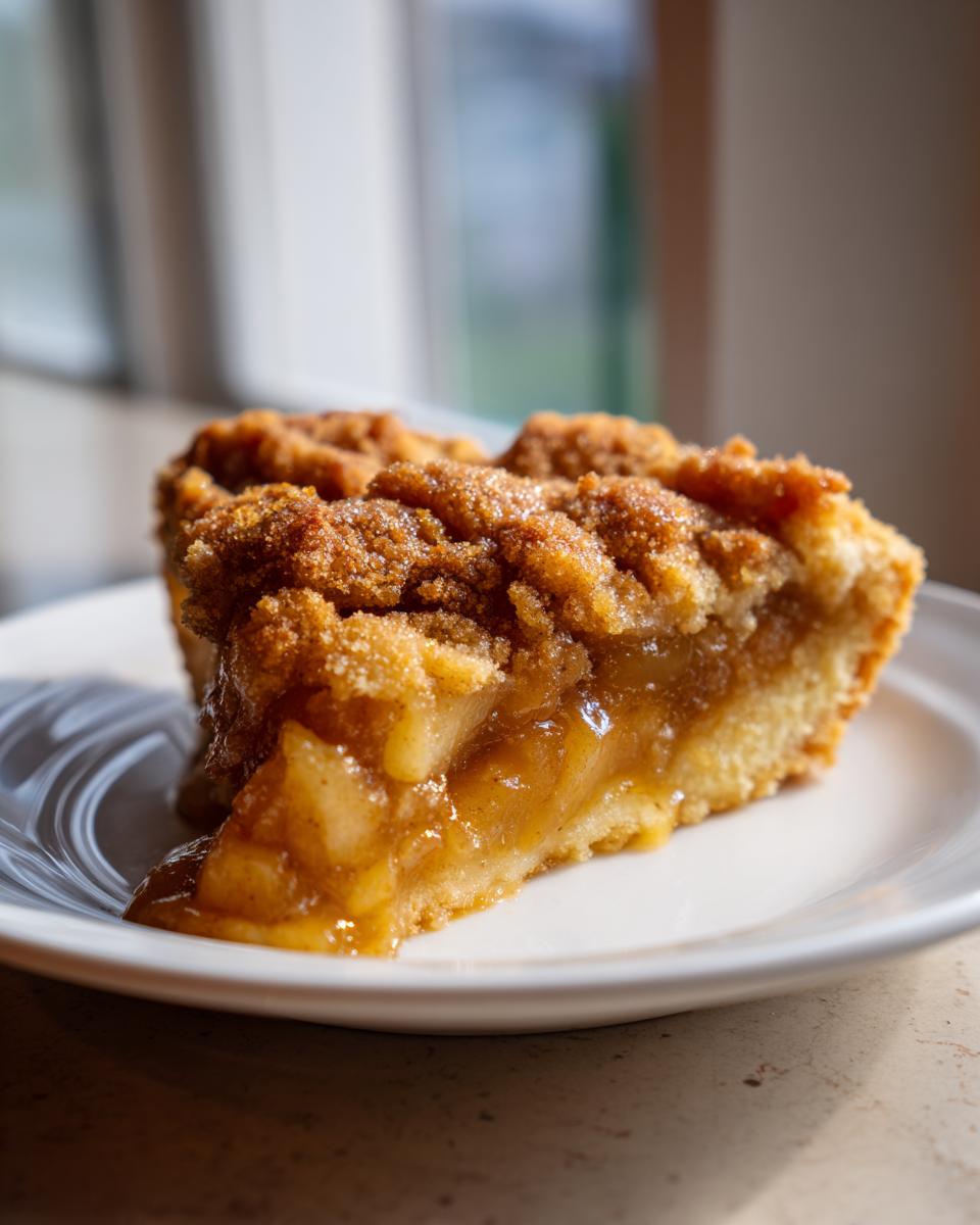 Close-up of a generous slice of apple pie dump cake with gooey filling and crumb topping on a white plate.