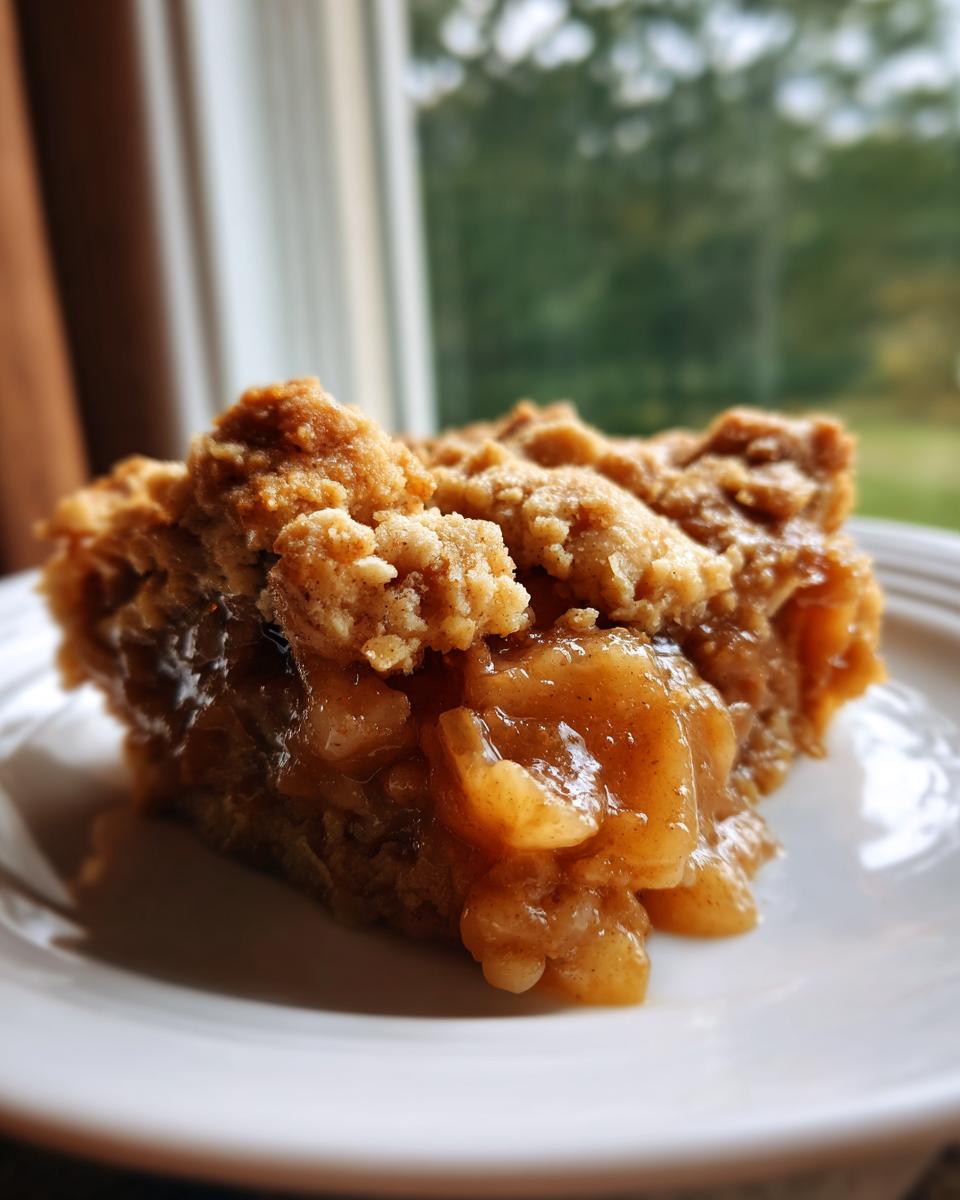 Close-up of a warm slice of apple pie dump cake showing gooey cinnamon apples and a crumbly topping on a white plate.