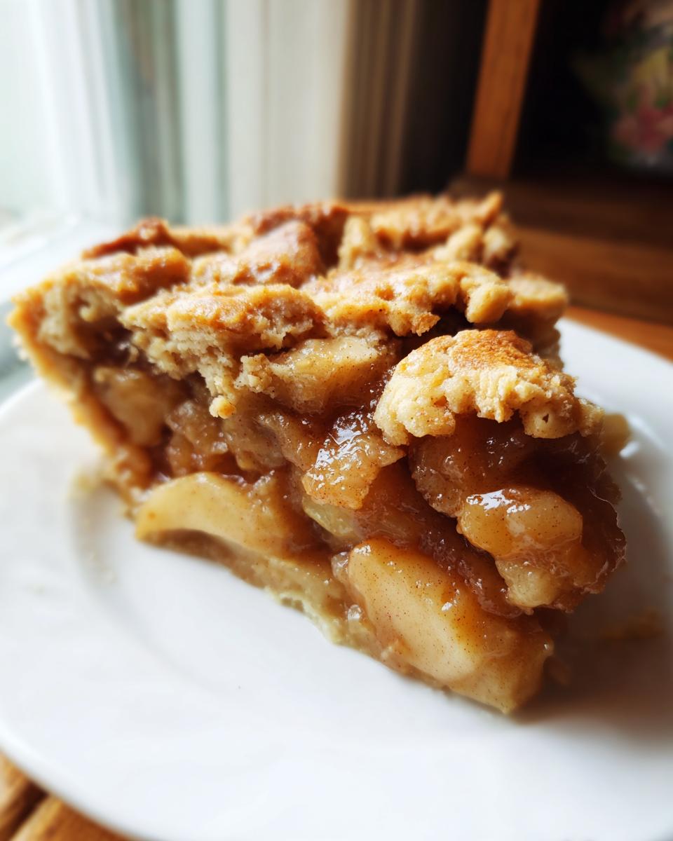 Close-up of a gooey slice of apple pie dump cake showing spiced apple filling and a crumbly topping.