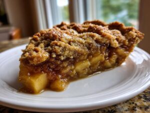 Close-up of a moist slice of apple pie dump cake with a crumbly topping on a white plate.