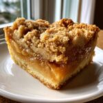 Close-up of a square slice of apple pie dump cake showing gooey apple filling and a thick, buttery crumble topping.