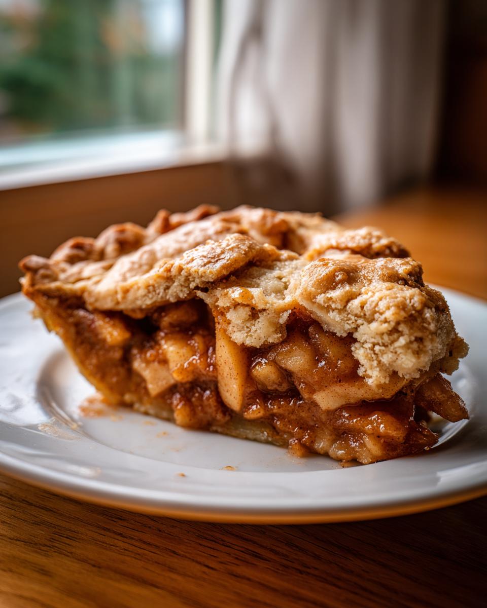 Close-up of a rich slice of apple pie dump cake showing spiced apple filling and a crumbly top crust.