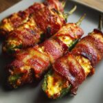 Four perfectly cooked Bacon-Wrapped Jalapeño Poppers showing crispy bacon and melted cheese filling.