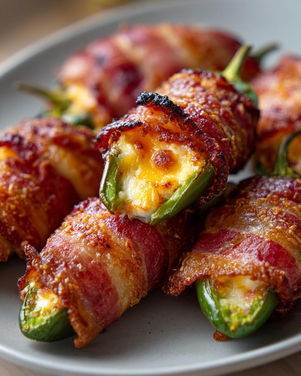 Close-up of several perfectly cooked Bacon-Wrapped Jalapeño Poppers piled on a plate, showing melted cheese filling.
