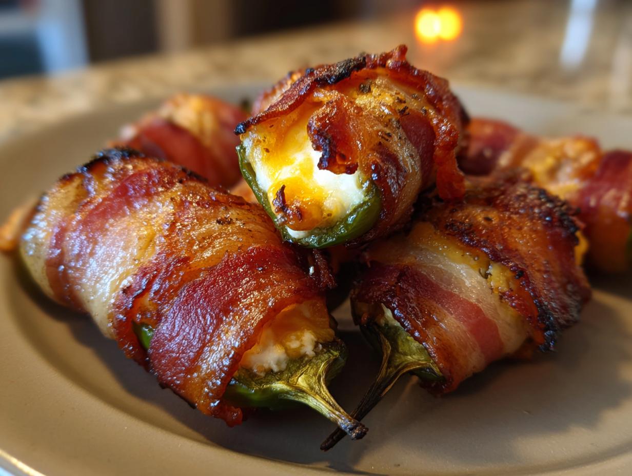 Close-up of several crispy, freshly cooked Bacon-Wrapped Jalapeño Poppers piled on a plate.