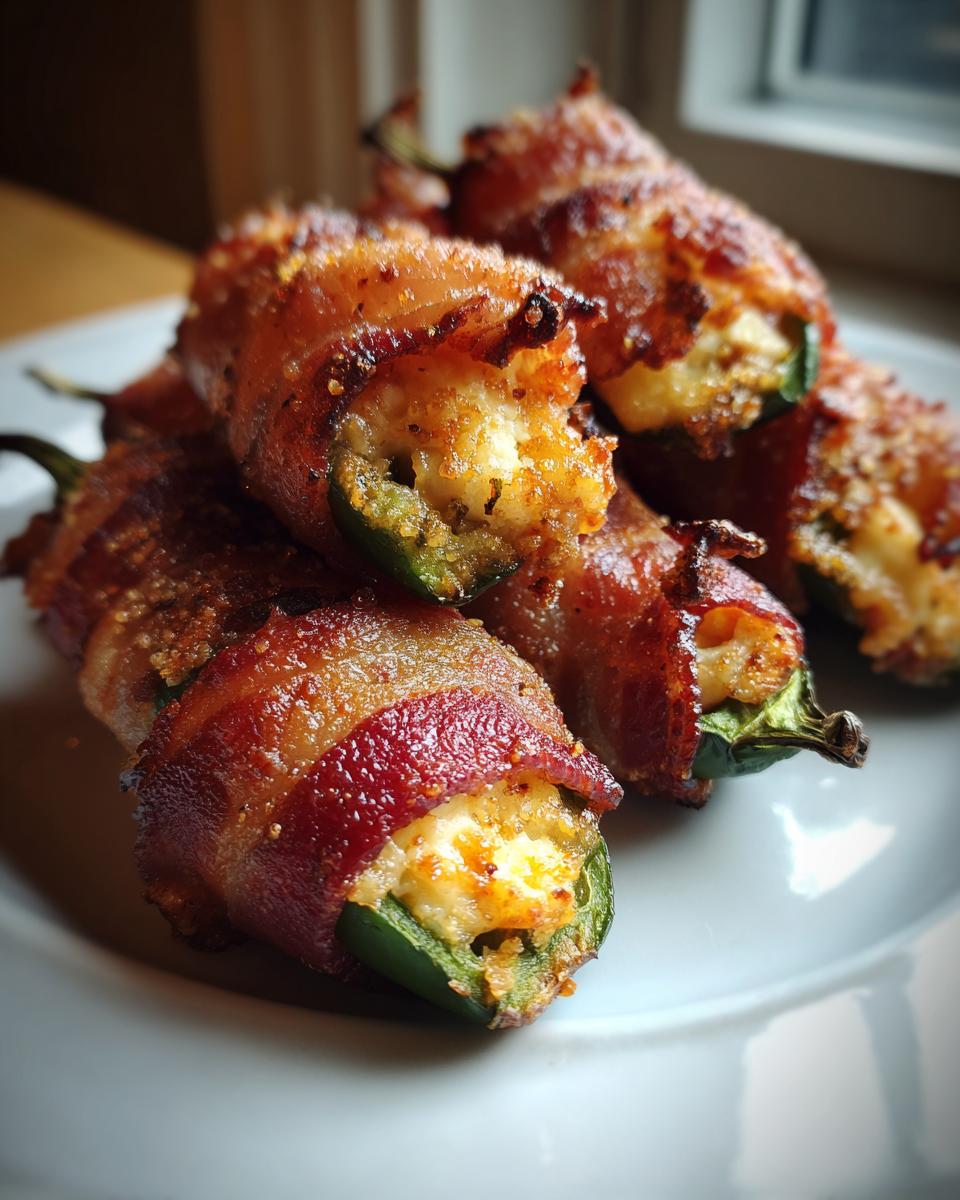 A close-up of several freshly cooked Bacon-Wrapped Jalapeño Poppers piled on a white plate.