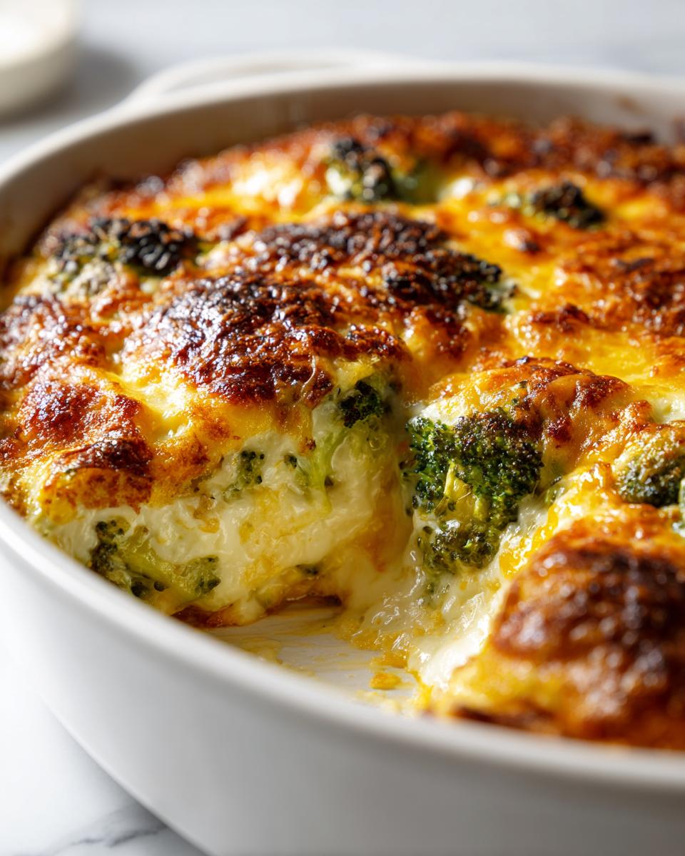 Close-up of a bubbling, baked broccoli cheese casserole with a golden-brown, cheesy crust.