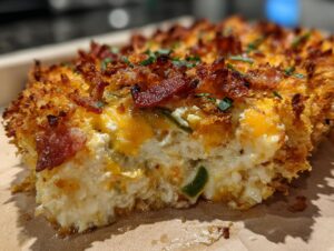 A close-up view of a serving of baked Jalapeño popper dip, showing a creamy interior, melted cheddar, and crispy bacon topping.