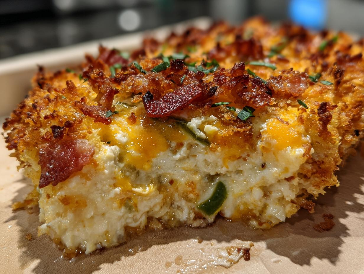 A close-up view of a serving of baked Jalapeño popper dip, showing a creamy interior, melted cheddar, and crispy bacon topping.