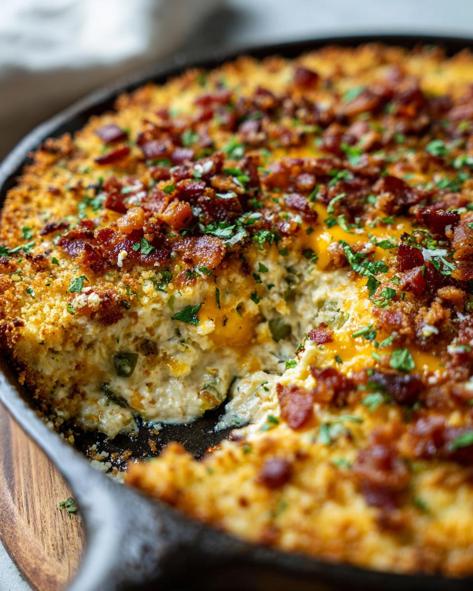 Close-up of hot Jalapeño popper dip baked in a cast iron skillet with a scoop removed, topped with bacon and parsley.