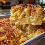 A serving of baked mac and cheese being lifted, showing extreme cheese pull and a golden, crispy breadcrumb topping.
