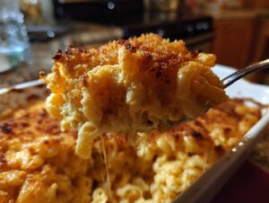 A spoonful of creamy, cheesy baked mac and cheese lifted from a casserole dish, showing a crispy breadcrumb topping.