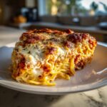 A thick, baked slice of spaghetti pie with a rich meat sauce and melted, browned cheese topping.