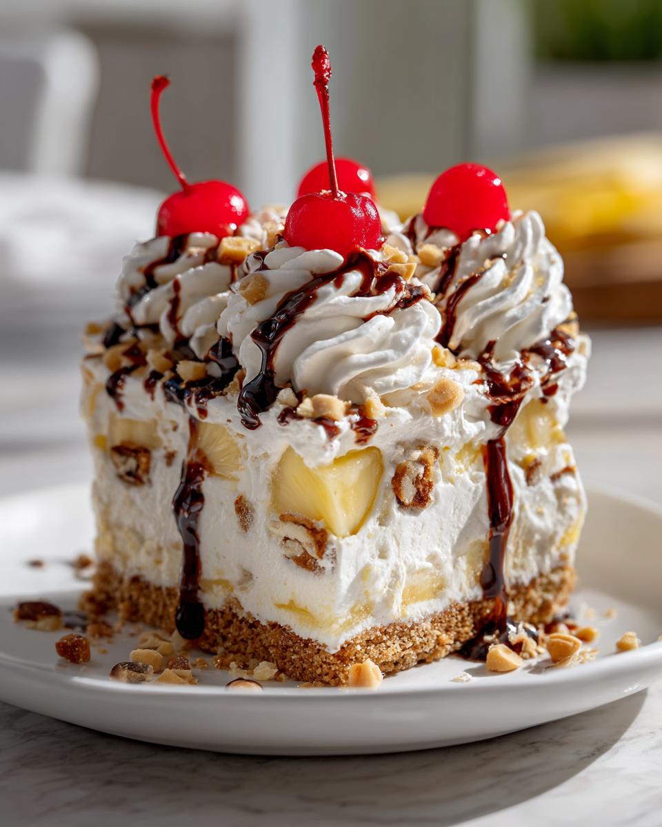 A decadent slice of banana split cake featuring layers of cream, fruit, nuts, chocolate syrup, and maraschino cherries.