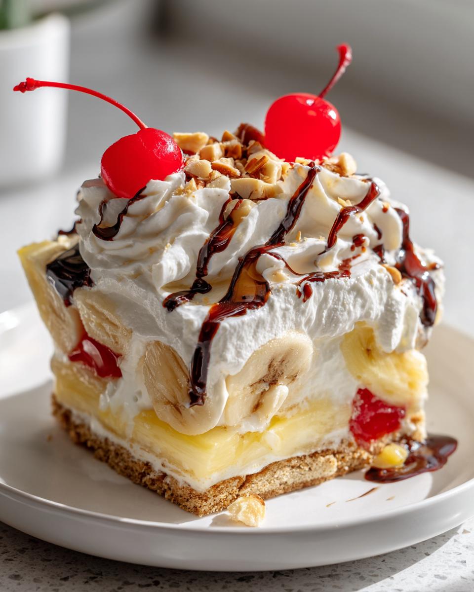 A square slice of banana split cake featuring layers of crust, pudding, bananas, whipped cream, nuts, and cherries.
