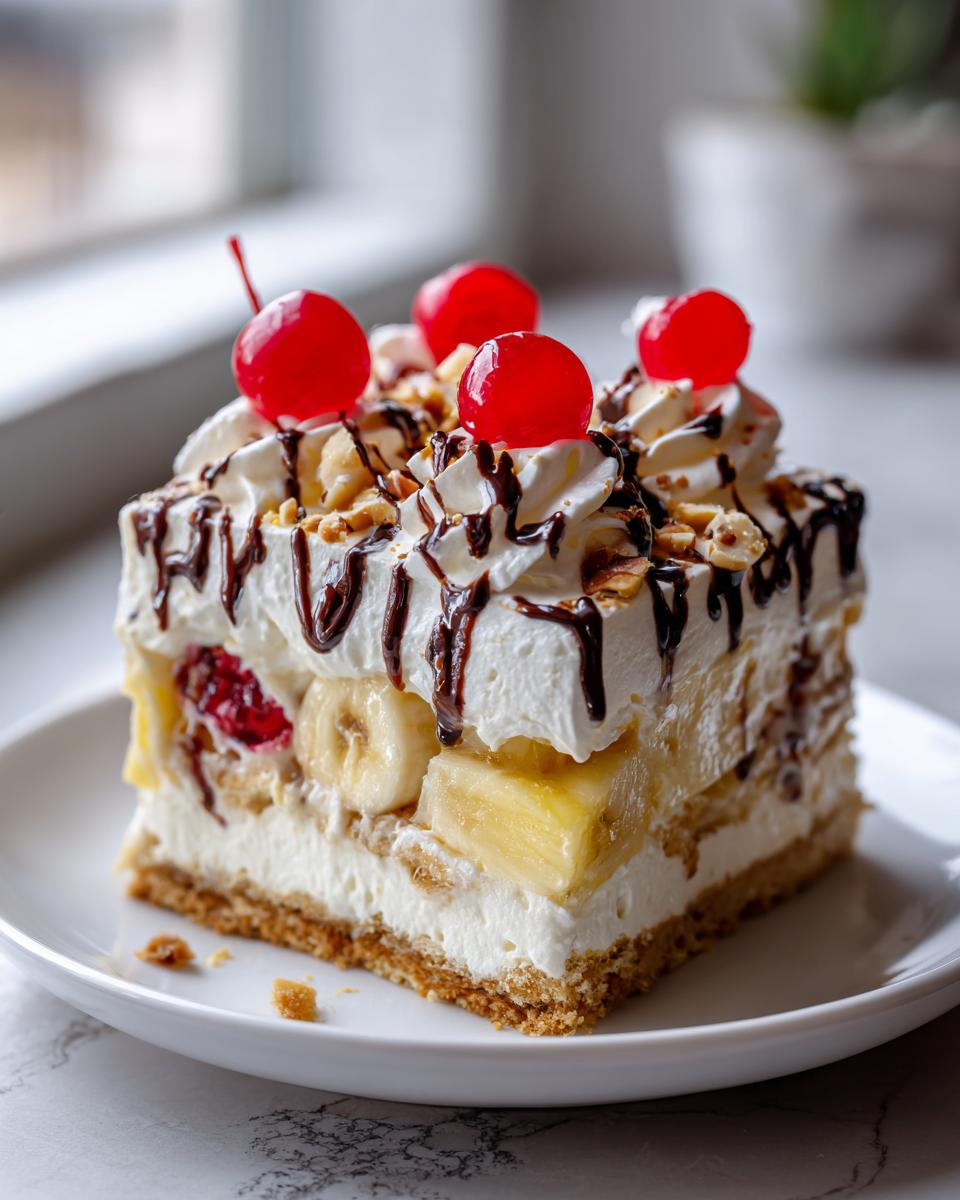 A decadent slice of banana split cake featuring layers of cream, bananas, nuts, chocolate drizzle, and maraschino cherries on top.