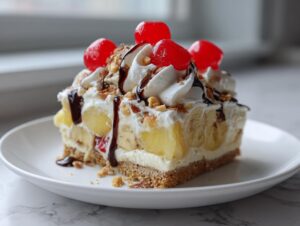 A delicious slice of banana split cake featuring layers of crust, cream, bananas, whipped topping, and maraschino cherries.