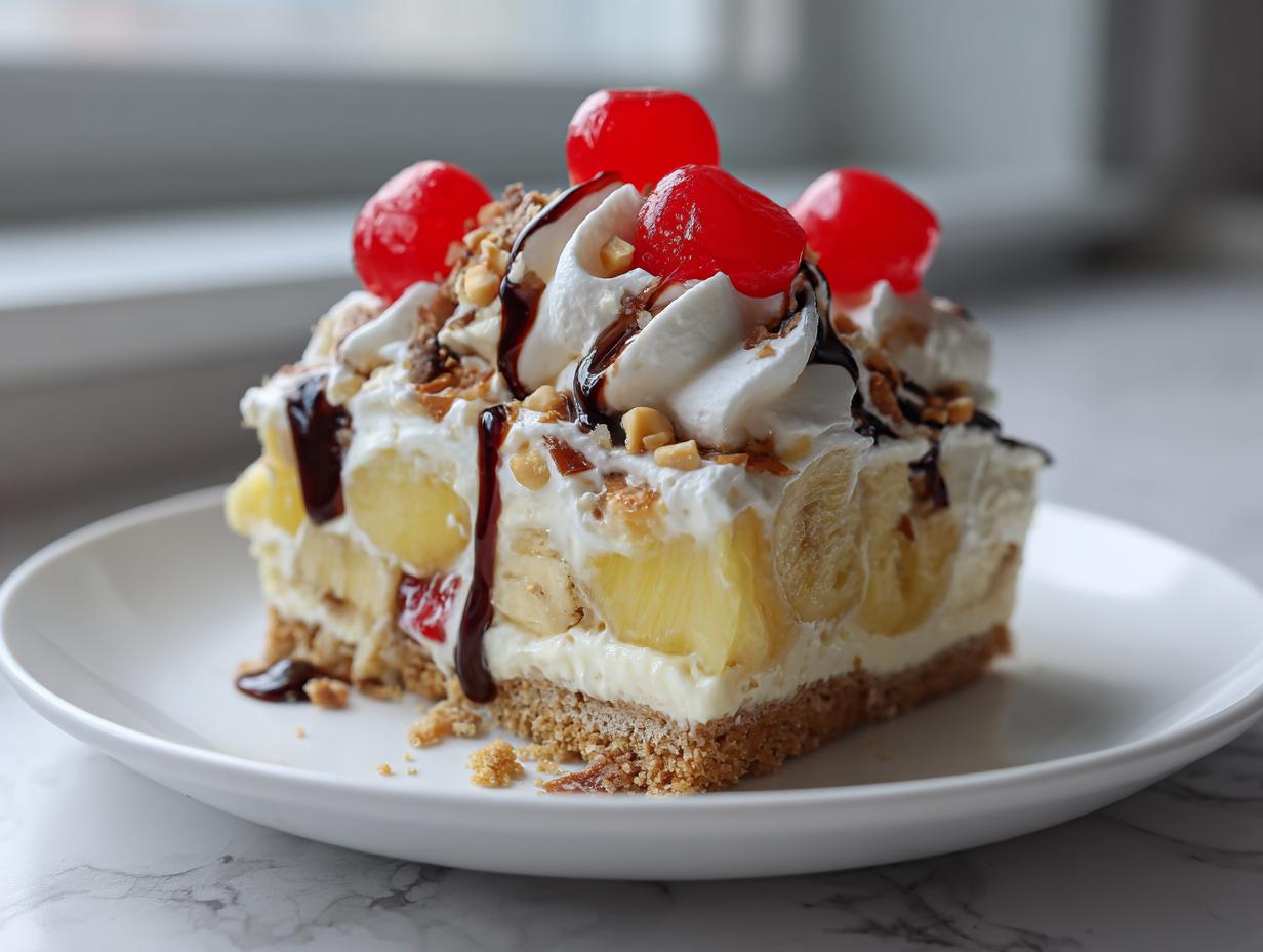A delicious slice of banana split cake featuring layers of crust, cream, bananas, whipped topping, and maraschino cherries.