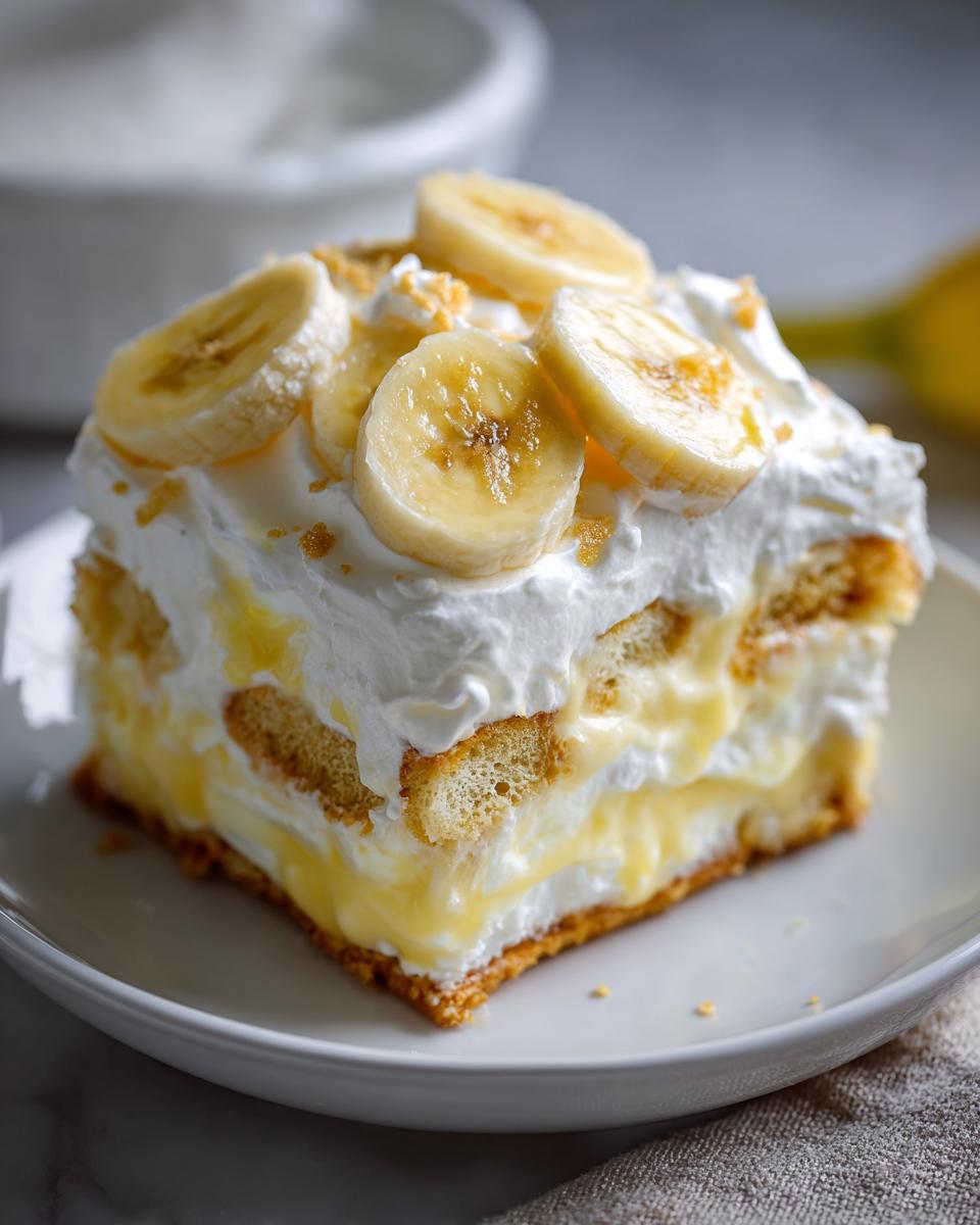 A square slice of rich banana pudding layered with vanilla wafers, pudding, and whipped cream, topped with fresh banana slices.