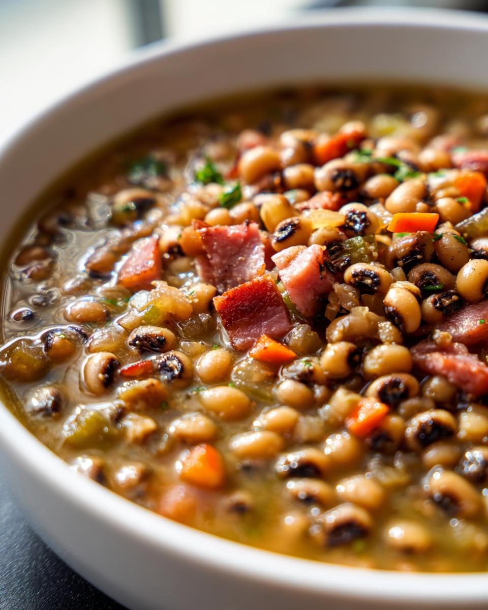 A close-up, brightly lit bowl filled with a rich black eyed peas recipe, featuring ham chunks and diced vegetables.