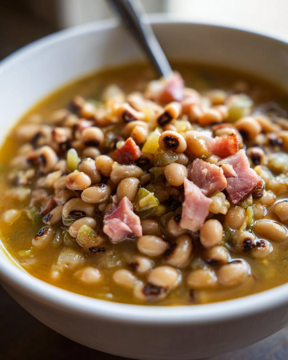 Close-up of a white bowl filled with a savory black eyed peas recipe, topped with chunks of ham and green vegetables.
