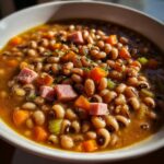 Close-up of a savory bowl of black eyed peas recipe cooked with chunks of ham, carrots, and celery in broth.