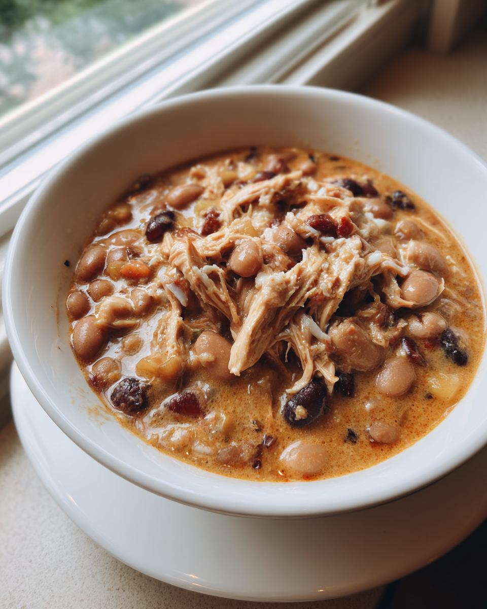 A close-up of a white bowl filled with creamy, rich cream cheese chicken chili featuring shredded chicken and various beans.